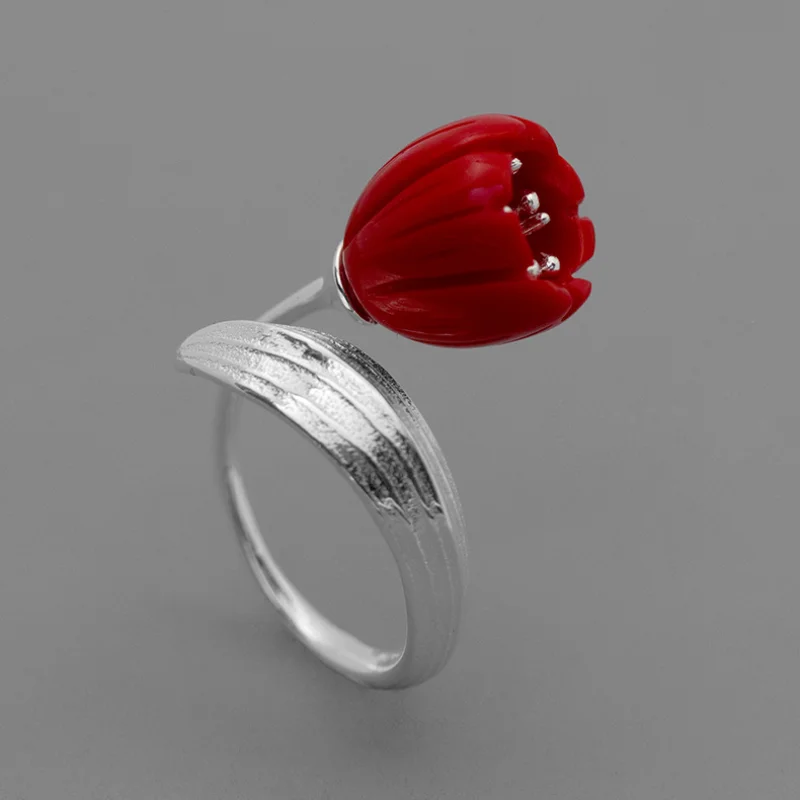 

INATURE 925 Sterling Silver Red Coral Lily of the Valley Flower Rings for Women Adjustable Opening Finger Ring