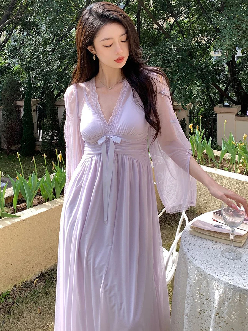 

Women Purple Mesh Fairy Nightdress Spring Summer Romantic Victorian Princess Sleepwear French Sexy V-Neck Nightgowns Loungewear