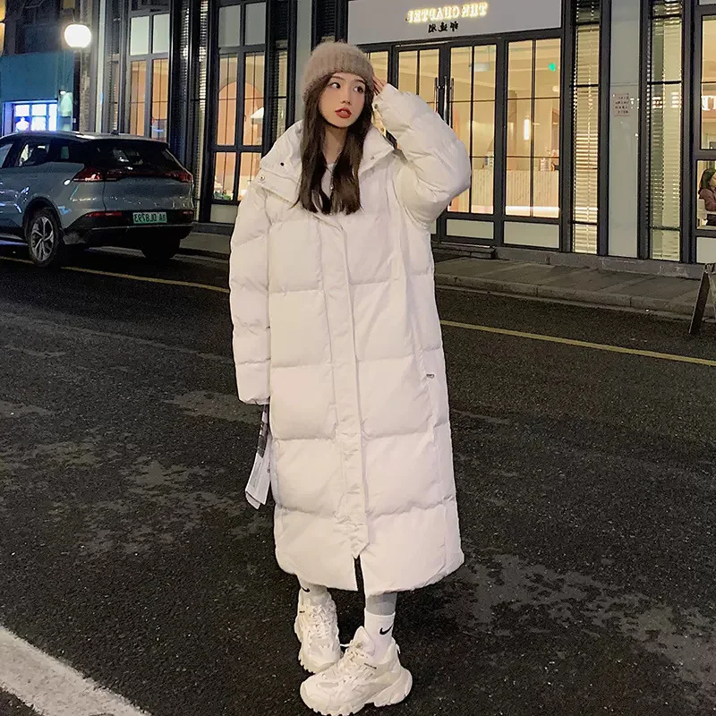 White cotton jacket women's midi length over-the-knee winter loose hooded thick down cotton jacket