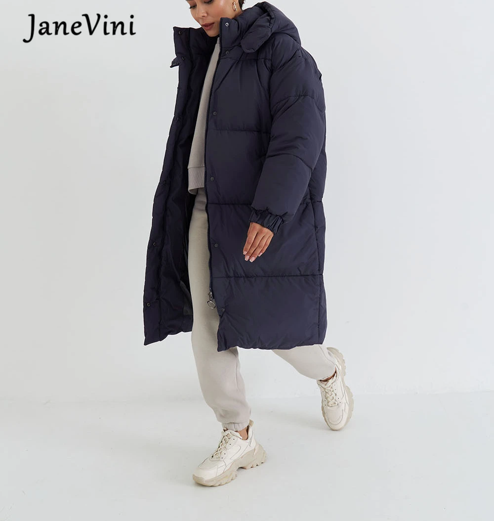 JaneVini New Down Jacket Women Mid-length Hooded Loose Jackets Winter Warm Thick Coats Ropa Mujer Invierno Nueva Tendencia 2023