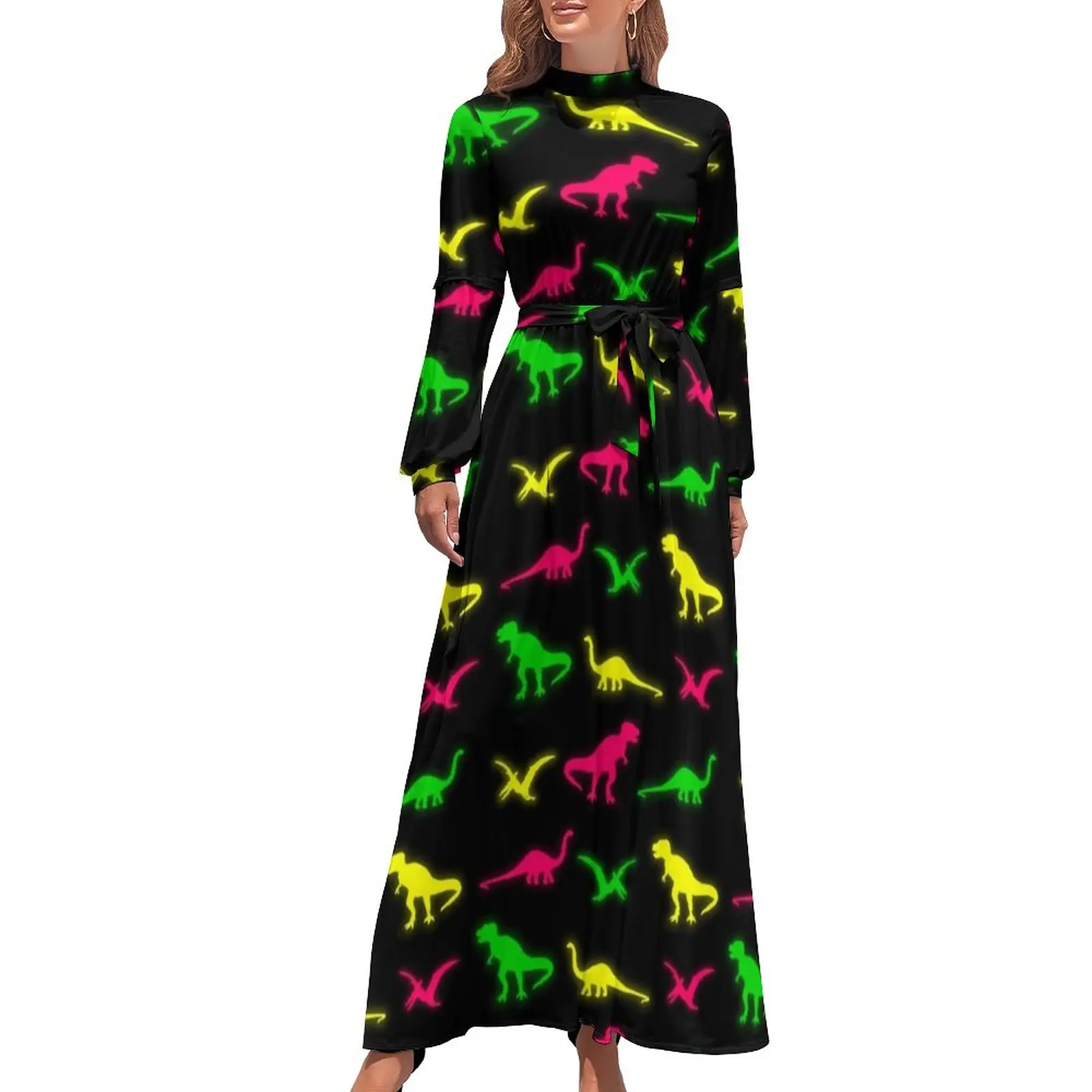 

Dinosaurs Dress Long Sleeve Pterodactyl Colorful Dinos Vintage Maxi Dress Spring High Waist Basic Boho Beach Long Dresses