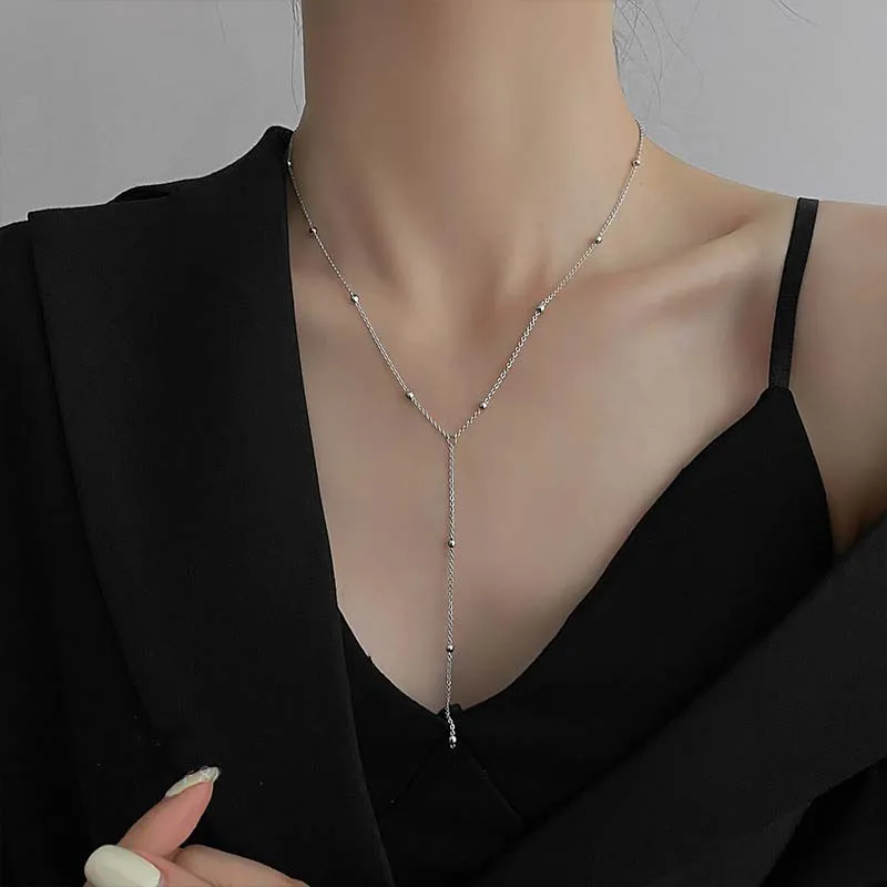 

2023 New Trendy Silver Color Round Bead Tassel Necklace Simple Long Geometric Clavicle Chain Fashion for Women Jewelry Gift