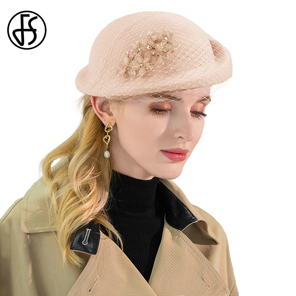 

FS Camel Hats For Women Flower Rhinestone Black Wool Felt Autumn Winter Beret 2022 Ladies Elegant Church Party Caps With Veil