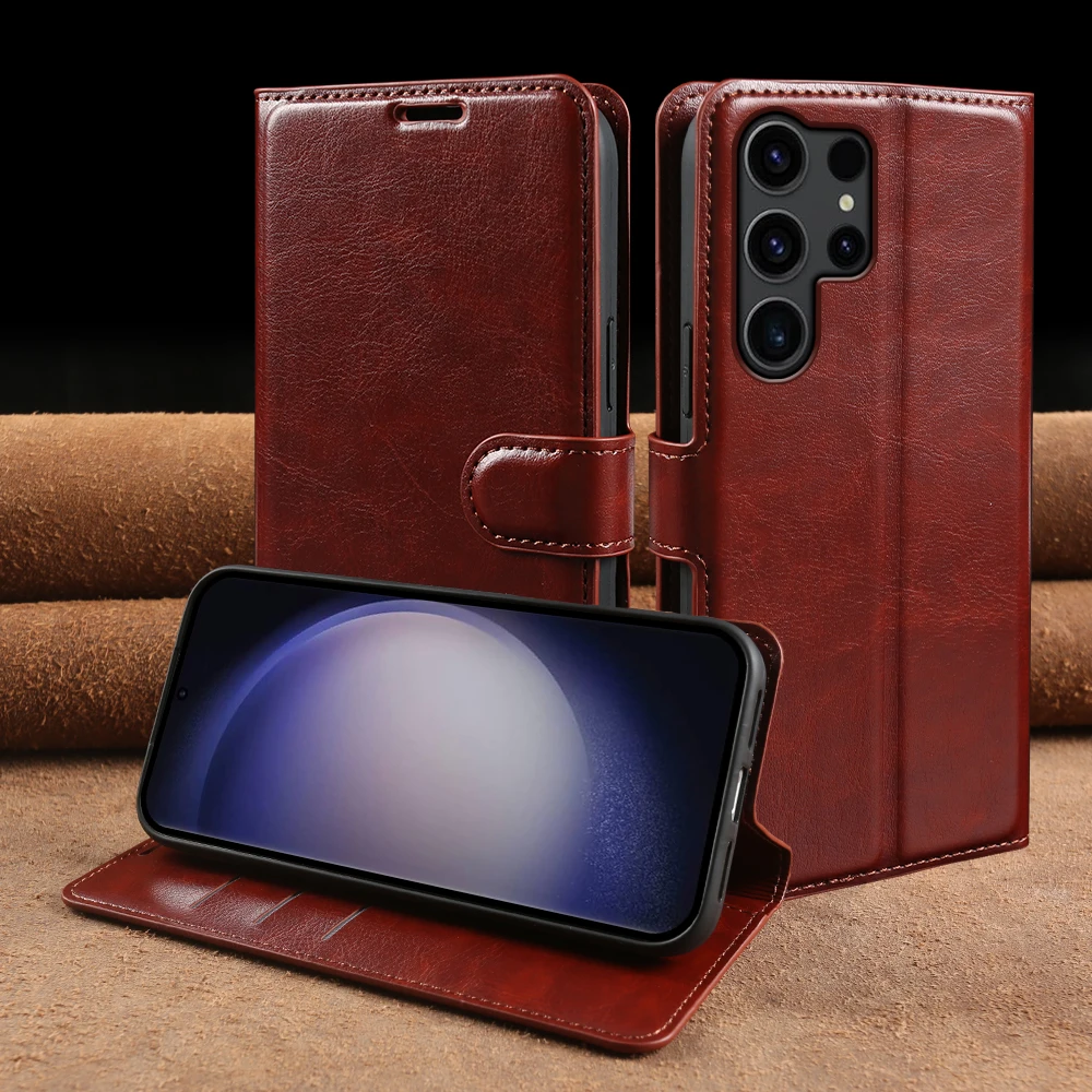 Фото Кожаный чехол-флип Crazy Horse для Samsung Galaxy S26 Ultra S25 Plus S24 FE S23 S22 S21 S20, чехол для телефона S26 Ultra Coque №4