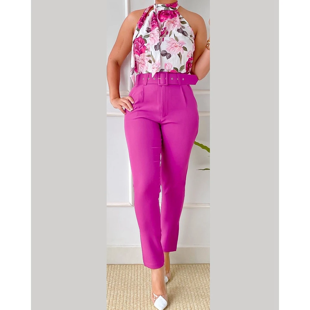 Summer Women Floral Print Halter Tank Top & High Waist Pants Set With Belt Female O-Neck Two Pieces Suit Set Workwear Outfits