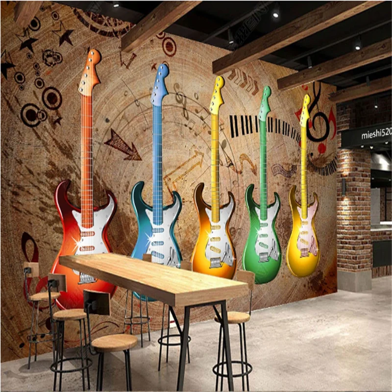 

Фотообои с текстурой древесины, музыкальные граффити, инструменты, настенная бумага, промышленное украшение, фон для ресторана, бара, насте...