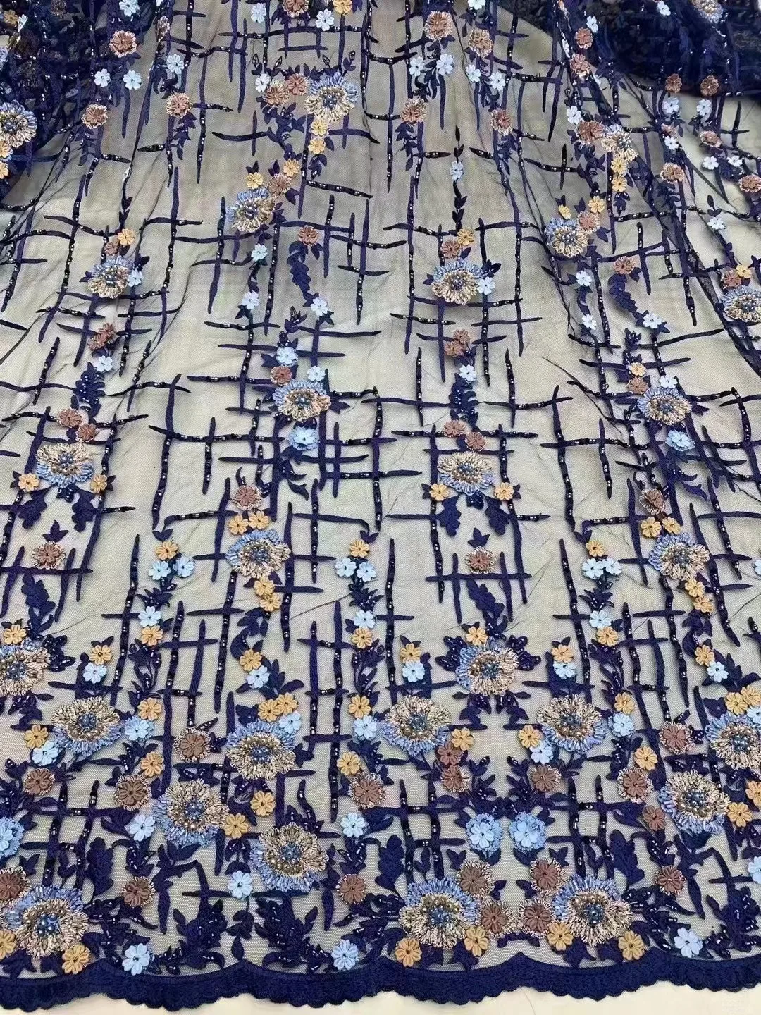 

Темно-синий роскошный лучший французский свадебный Тюль с 3D цветочной вышивкой, 5 ярдов, для пильного платья/вечеривечерние