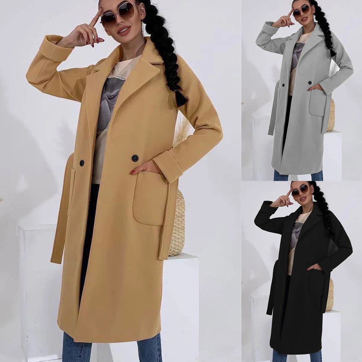 

Fashion Women's Winter Warm Wool Coats Solid Double Breasted Long Sleeve Pocket Outwear Casual Long Jacket Overcoats