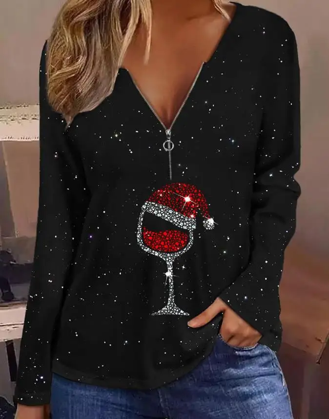 

Женский Рождественский топ с принтом Винных Бокалов, блестящий топ с длинным рукавом, Женская Повседневная Блузка с длинным рукавом, новая модная Праздничная футболка, 2023