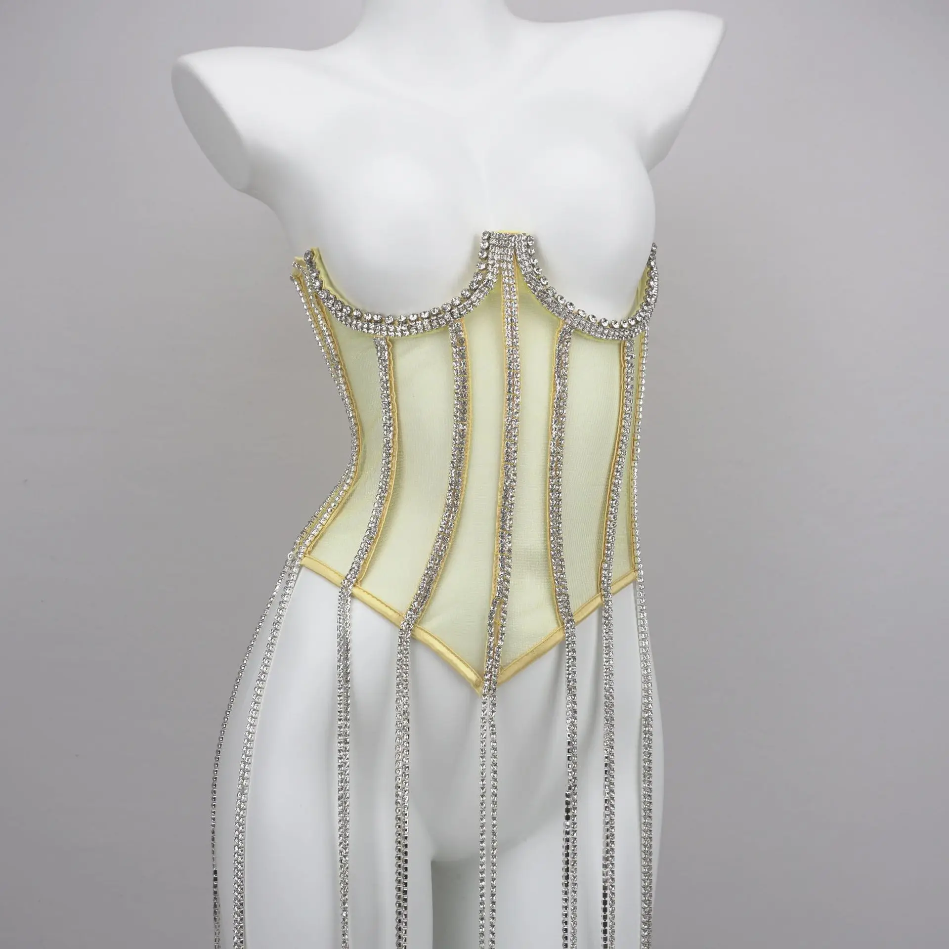 

Female Abdominal Fat Corset Crops Shiny Rhinestone Tight Vest Bodices Slimm Waist Nightclub Party Festival Yellow Orange Tops