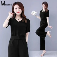 korean fashion women solid v neck short sleeve tops and capris wide leg pants outfits summer two piece sets femme casual suits