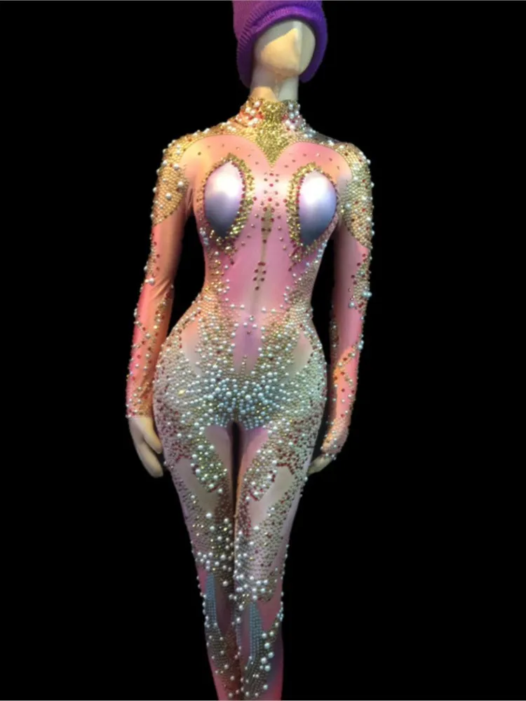 

Sexy Printing Stretch Jumpsuit Women Rhinestones Bodysuit Club Bar Singer Dancer Costumes Party Performance Outfit