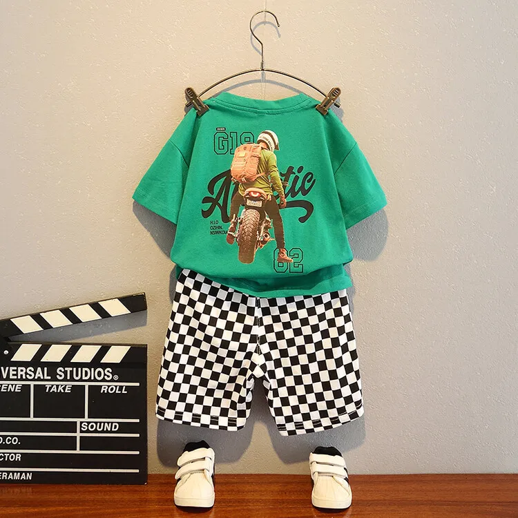 

Summer boys set clothing baby suit kids clothes t-shirt + short 2 pcs set Fashion motorcycle rider boys tee clothes 2-12y