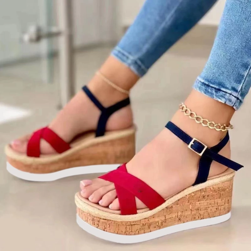 

Women's Wedge Sandals 2022 Summer New One Word Ladies Shoes Retro Platform Rome Ankle Buckle Comfortable Thick Bottom Sandalias
