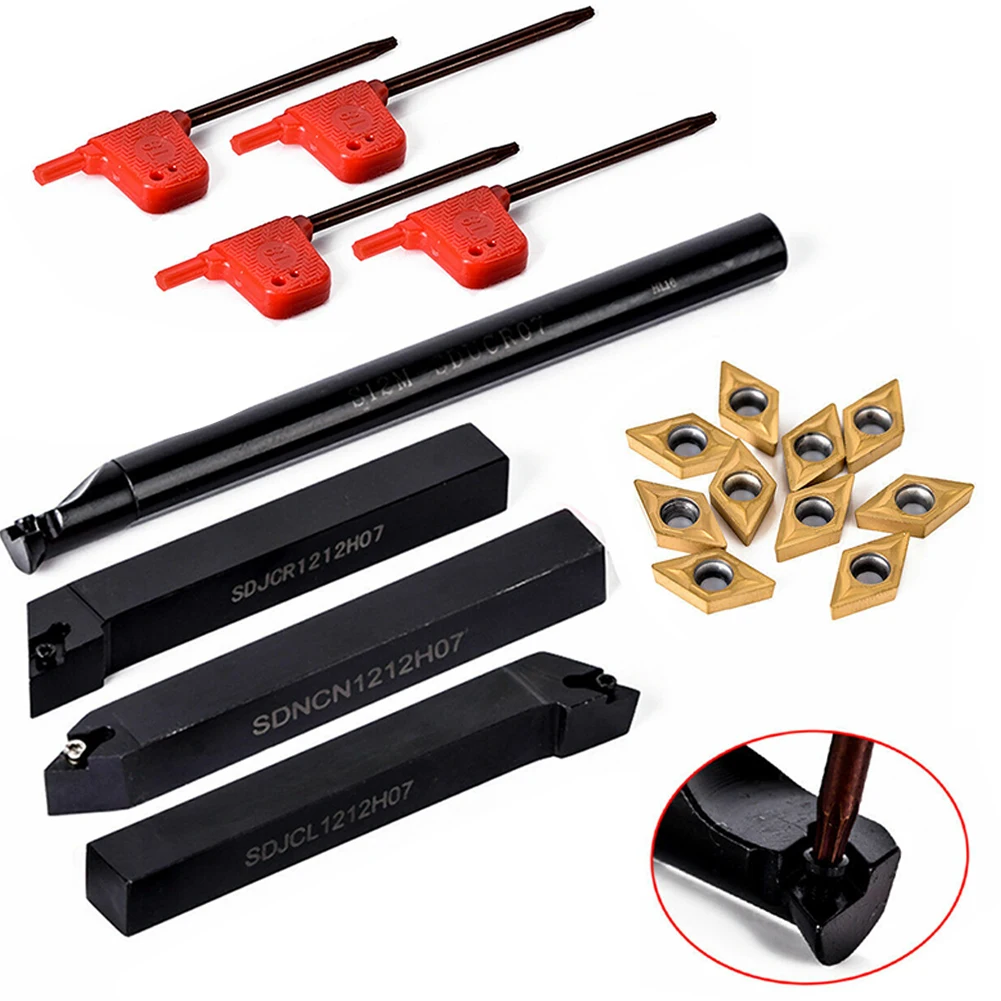 

4pcs 12mm Lathe Turning Tool Holder Boring Bar+10pcs DCMT070204 Carbide Inserts CNC Steel Processing Turning Insert Lathe Tool