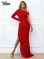 yesexy new evening dress asymmetrical shoulder red glitter dress sequin dress high waist slit wedding dress