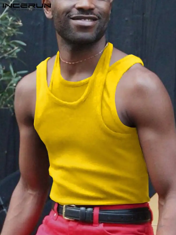 

2022 Men Solid Color Tank Tops Sleeveless Fake Two Pieces Fashion Vests Skinny Men Vacation Streetwear Casual Tops S-5XL INCERUN
