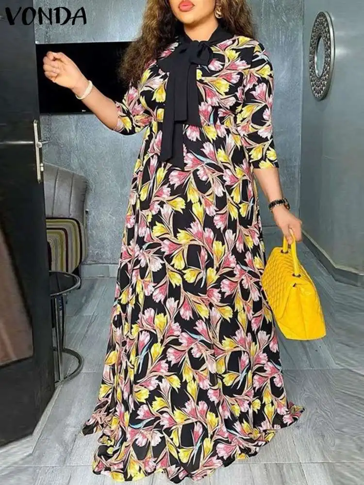 

Bohemian Floral Printed Dress Women Summer Dress Bow Tie 2022 VONDA Casual Vintage Shirt Sundress Kaftan Loose Party Robe