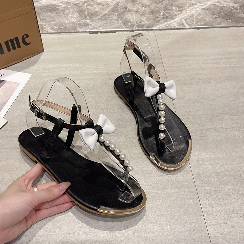 

New Bow Sandals Women Summer Korean Style Simulatuion Pearl Round Toe Leisure Outdoor Flip Flops Flat Roman Shoes Calzado Mujer