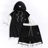 waffle t shirt sports suit new summer casual hooded short sleeved shorts mens fashion trend two piece set