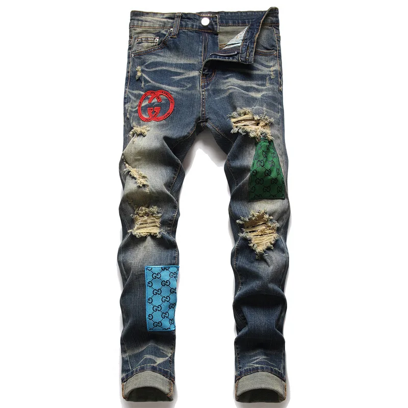 

Джинсы мужские рваные в стиле хип-хоп, облегающие брюки из денима в стиле пэчворк, Байкерская уличная одежда, состаренные дизайнерские штаны в стиле панк