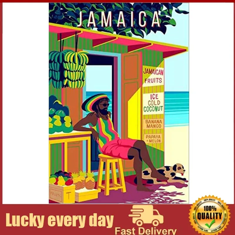 

Vintage Tin Poster Jamaica Landscape Traditional Beach Fruit Stall NaïVe Metal Tin Sign 8x12 Inch Retro Home Garage Bar
