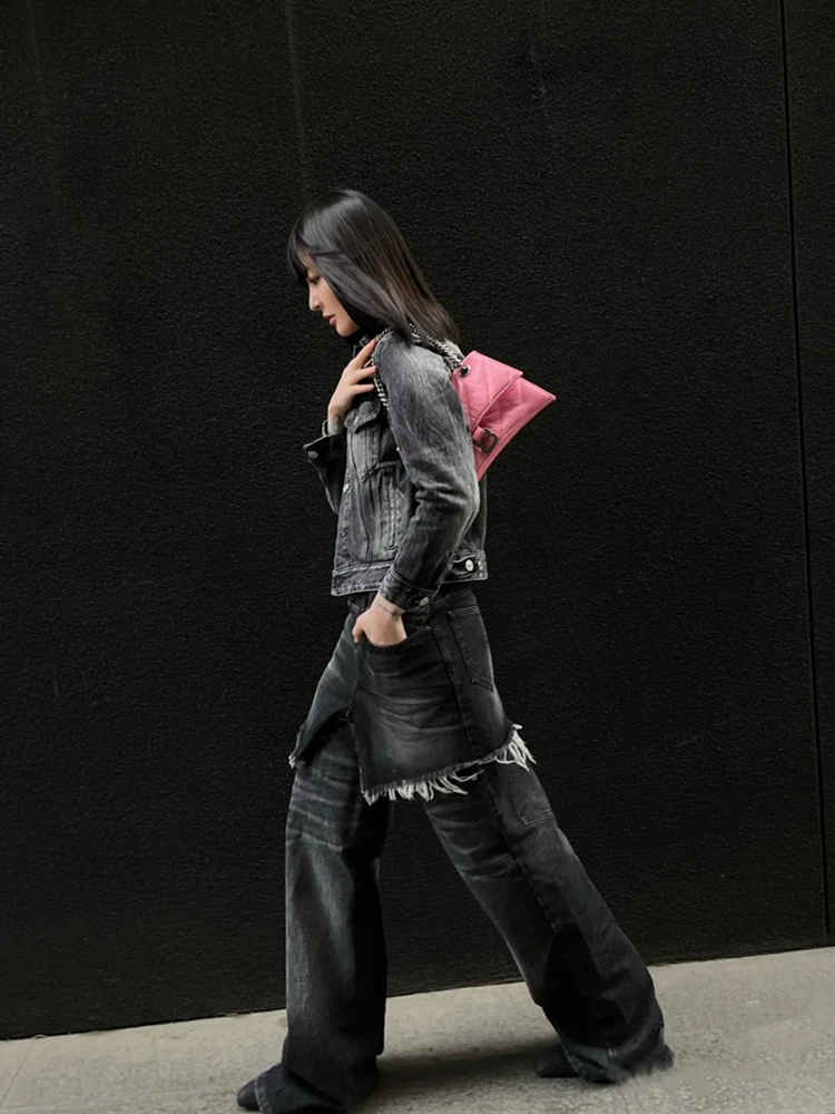 New Women Blue Washed Jeans Retro Style Knee High Boots Square-Toe Fashion Spice Girl Loose Straight Casual Pants High Shoes