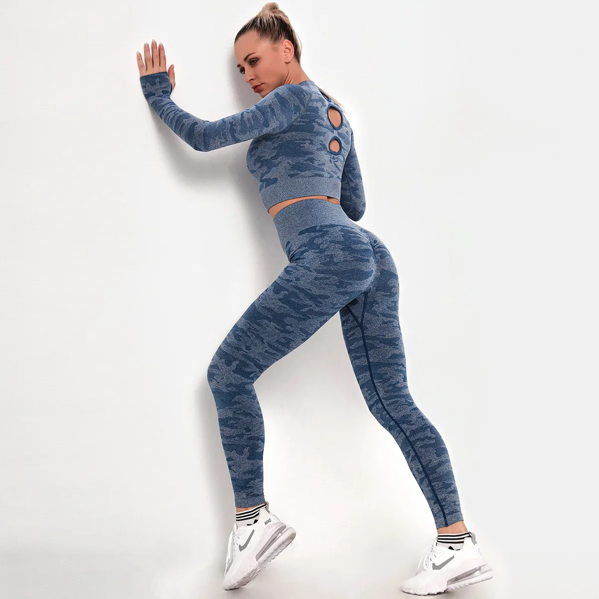 

Hip Lifting Camouflage Tights Backless Slim Fit Body Shaping Long Sleeve Outdoor Biking Mountain Climbing Sports Yoga Suit Women