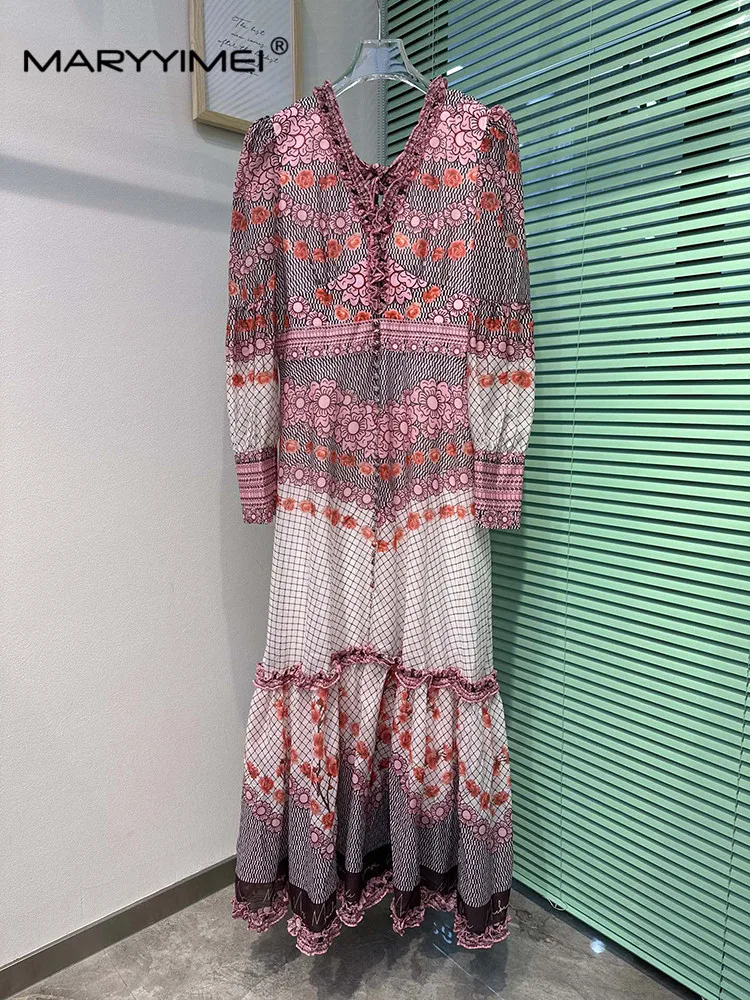 

MARYYIMEI Lantern Sleeve V-Neck dress Spring Autumn Bow Button Vintage Print Open Back Holiday Long Dresses