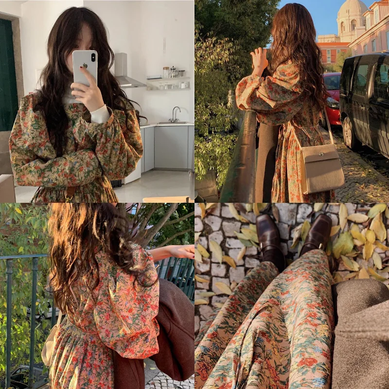 

New Korean Chic Early Spring Small Square Collar Temperament Puff Sleeves Flower Tie Waist Dress Maxi Dresses for Women Spring
