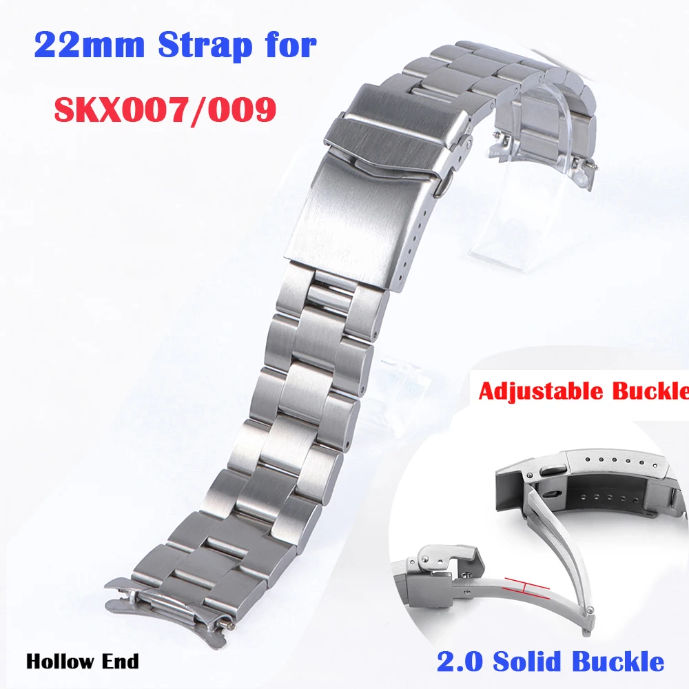 22mm Bracelet for Seiko SKX007 SKX009 Men's Watch Accessories Oyster Curved Band Stainless Steel Strap Solid Buckle 2.0mm Thick