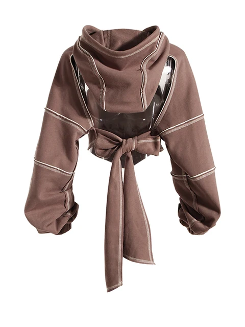 [EAM] Brown Back Bow Irregular Cut-out Sweatshirt New Hooded Long Sleeve Women Big Size Fashion Tide Spring Autumn 2022 1DF1820 2