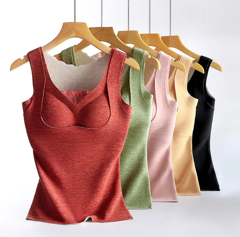 Double Side Brushed Velvet Lace Thermal Women Underwear plush thick Bra & Vest integrated Keep Warm In Winter