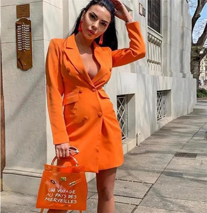 

Orange Blazer Suit 2021 Office Lady Mid Length Single Button Casual Commute Blazer Suits Women Elegant Business Formal Clothing