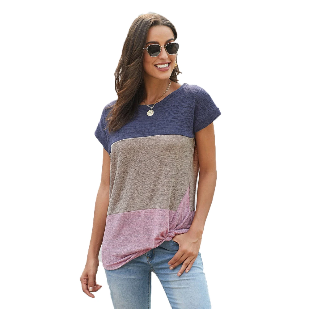 Women Casual T-Shirts Twist Tops Color Block Casual Tee Knot Short Sleeve Shirts Summer
