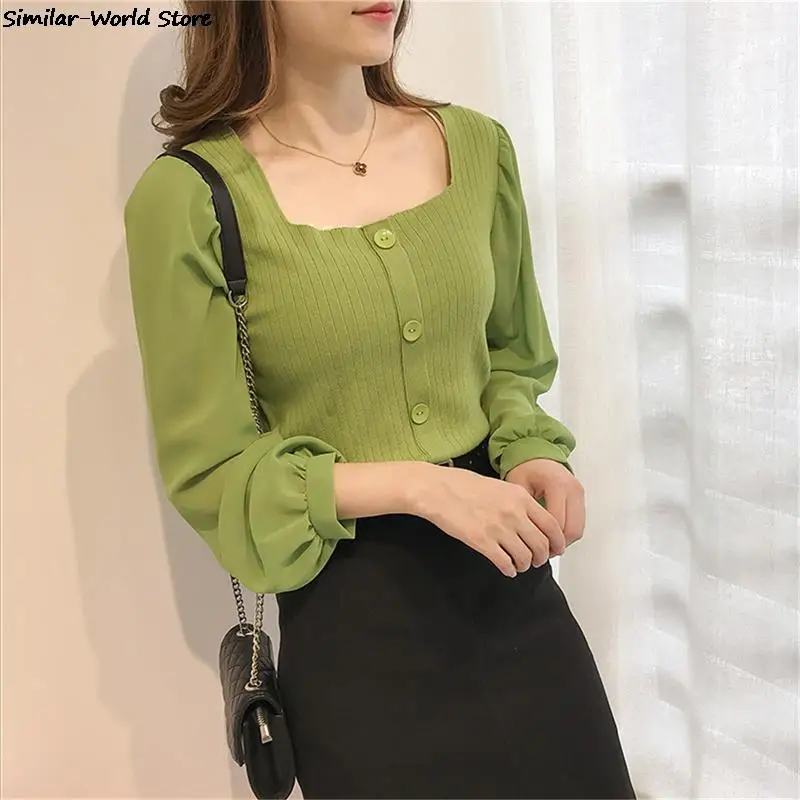 

Spring and Summer Short Sweater Top Women's Western Style Non-Mainstream Lace Chiffon Knit Low Waist Jersey Long Sleeve Fashion