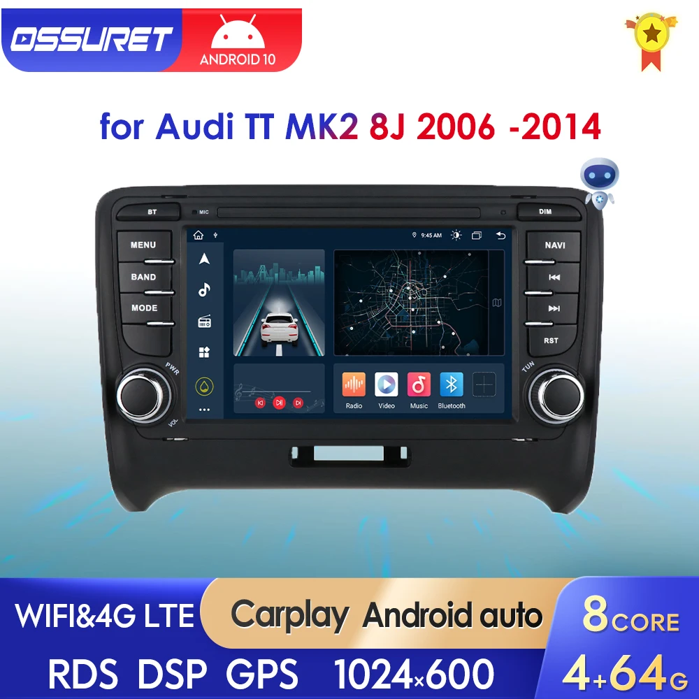 Автомагнитола мультимедиа 2DIN Android 10 для Audi TT MK2 2006 -2014 Carplay видео GPS навигация RDS Wi-Fi