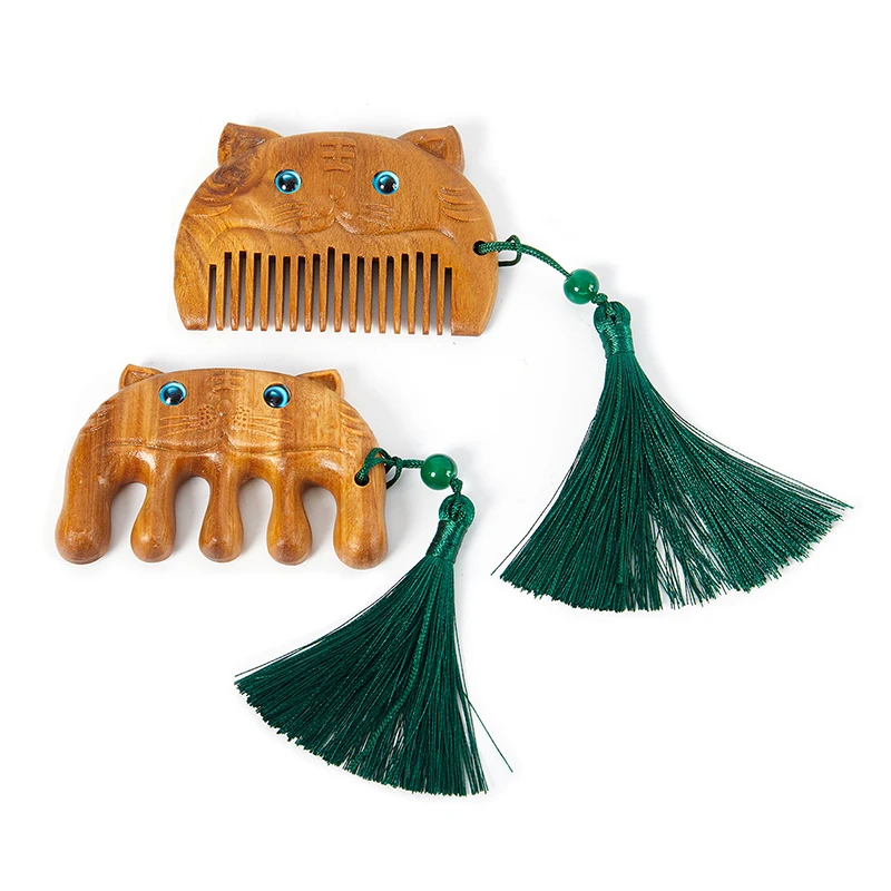 

1PC Natural Sandalwood Comb Handmade Decorative Carved Cute Tiger Wooden Portable Massage Hair Combs with Tassels