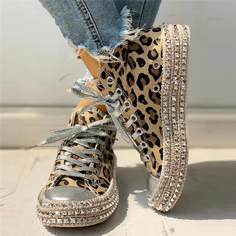 

Women Sneakers Leopard Rivets Shoes Women Canvas Shoes Leisure Lace-Up Low High Top Sneakers Femme Big Size Women Shoes