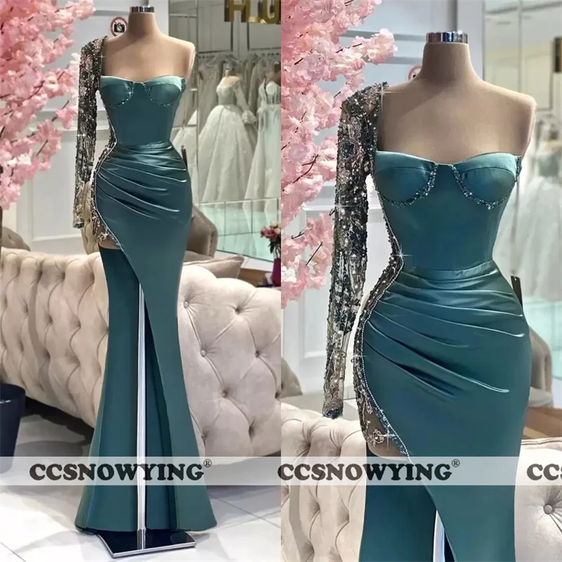 

Женское атласное платье с юбкой-годе, вечернее платье с длинным рукавом, высоким разрезом и аппликацией, платье для выпускного вечера