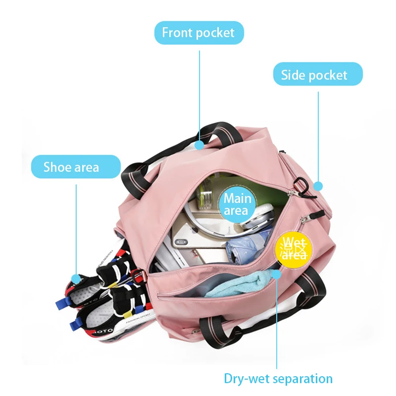 Fitness Bag for Women Gym Yoga Travel Luggage Handbag Training Duffle Sports Shoes Pocket Suitcase Shoulder Outdoor Weekend Bag