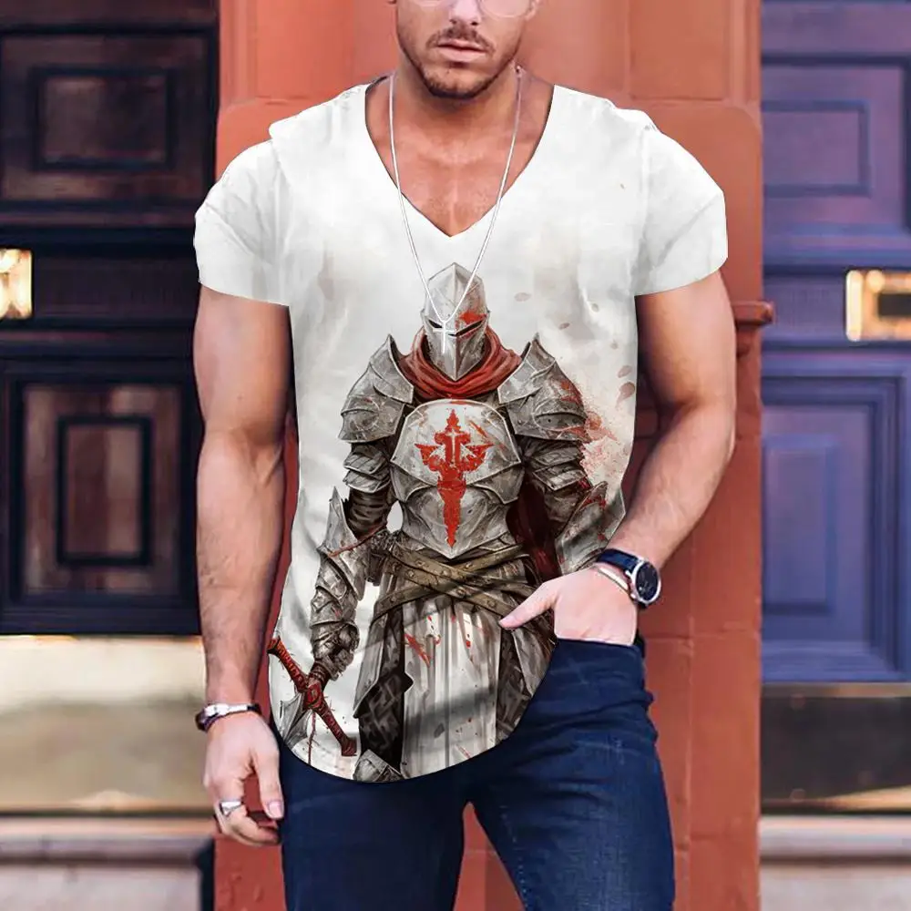 

Retro Knights Templar Cross Print Men's T-shirts Summer Casual Loose V- Neck Tee Shirt Sports Tees Oversized T Shirt For Men