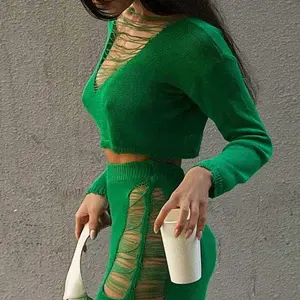 GACVGA 2022 Summer Knitted Elegant Cut Out Sexy Dress Suits Fashion Outfits Crop Top And Slit Skirt 