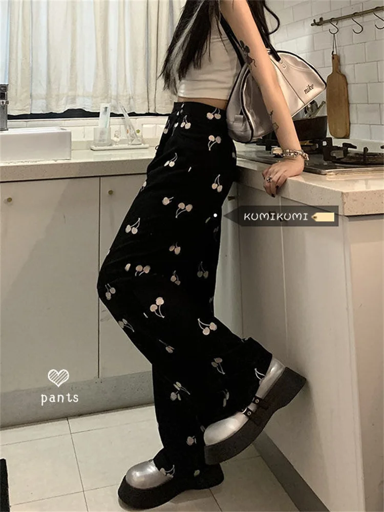 

QWEEK Korean Fashion Wide Leg Pants Women Harajuku Print Cute Girly Jogging Sweatpants Oversized Kpop Casual Straight Trousers