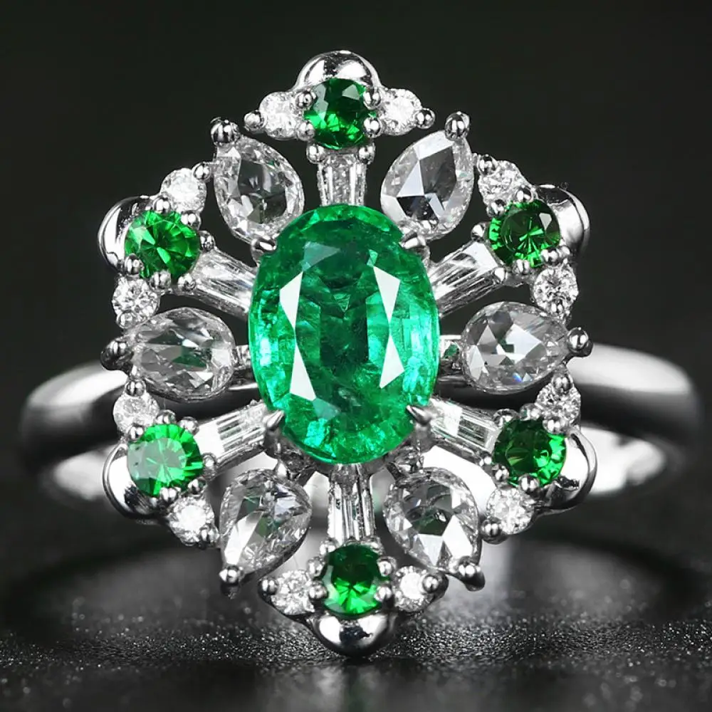 

HOYON Emerald Ring Tsavorite Green Snowflake Color Treasure Adjustable Ring Real 100% S925 Silver Color Jewelry