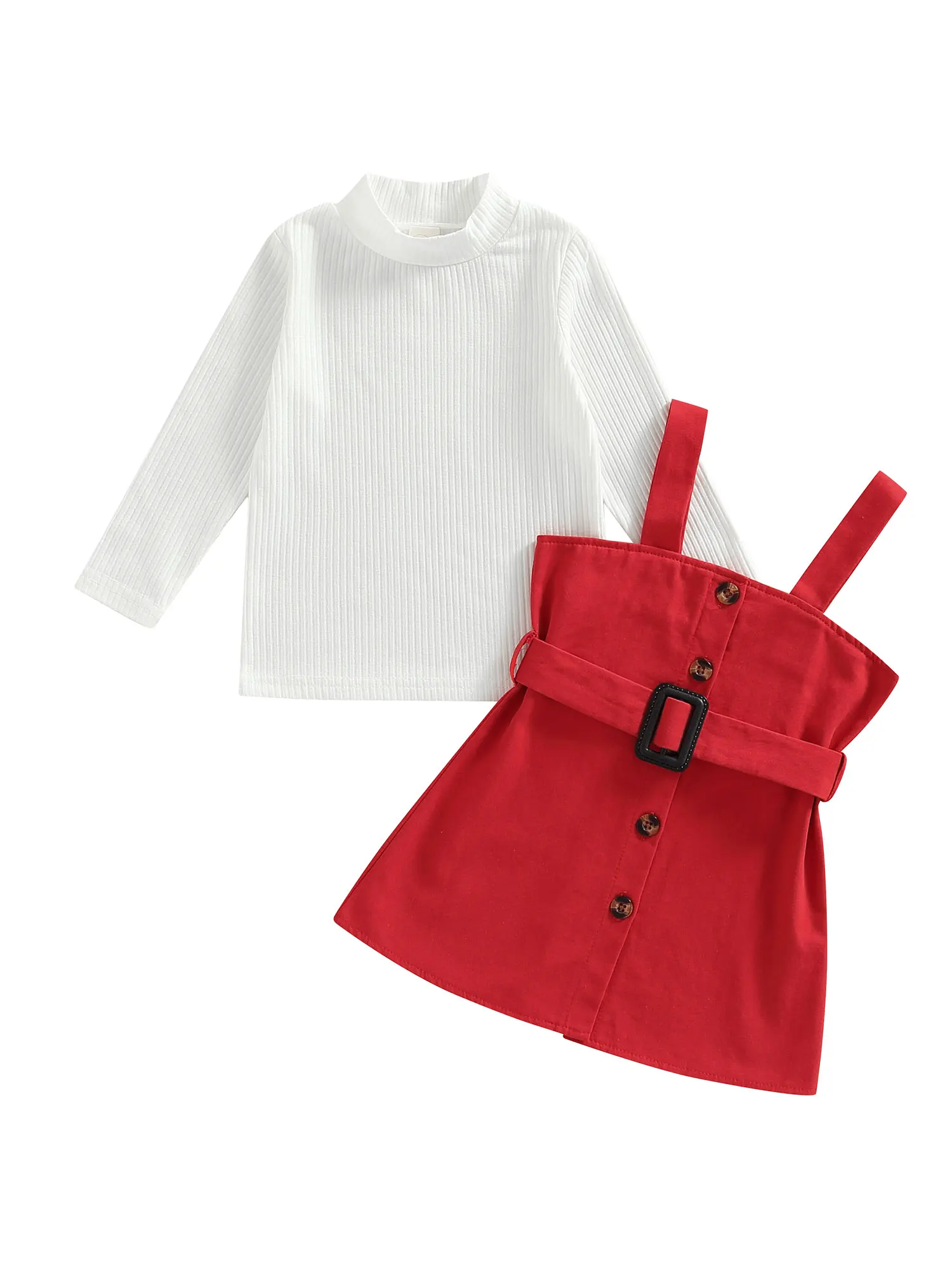 

Toddler Kid Girl Outfits Mock Neck Long Sleeve Solid Color Ribbed Tops Buttons Suspender Overall Dress with Belt