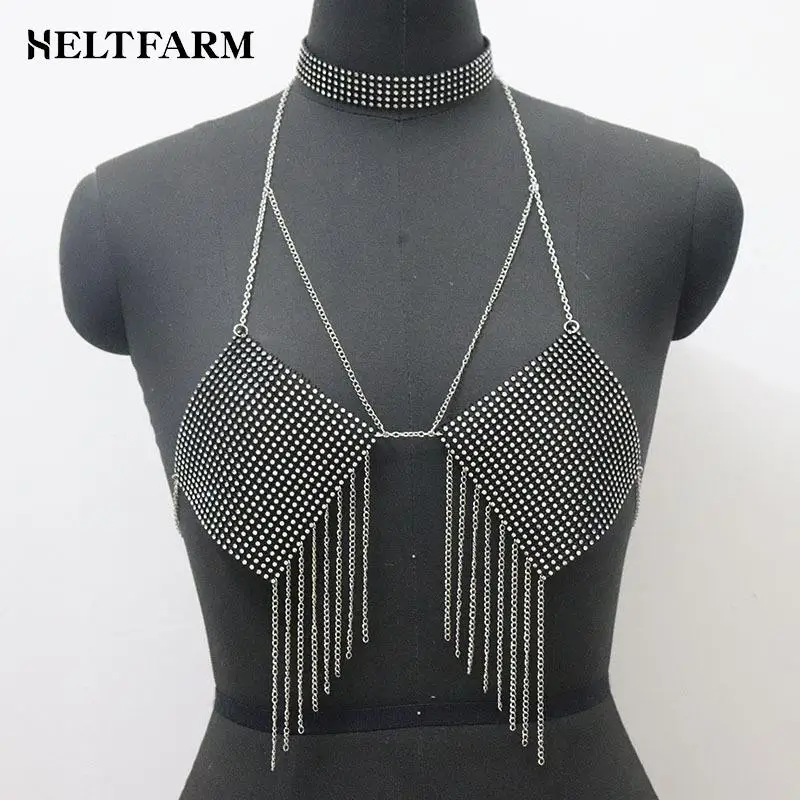 1pcs Fashion Harness Jewelry Rhinestone Shiny Crystal Body Chain Party Outfits Sexy Backless Short Halter Top Tassel Chest - купить по