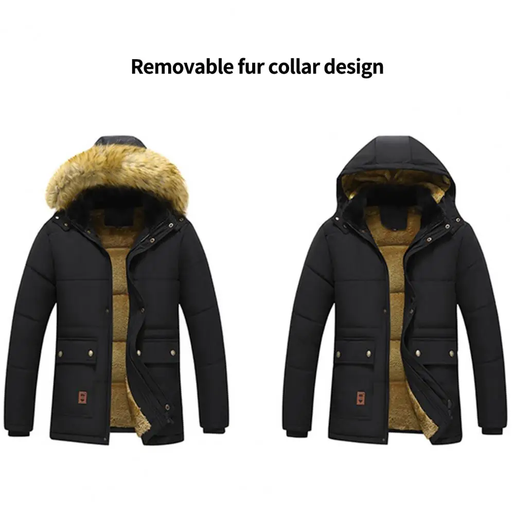 Men Winter Coat Hooded Plush Solid Color Thicken Furry Cold-proof Pockets Plus Size Winter Cotton Coat Male Clothes