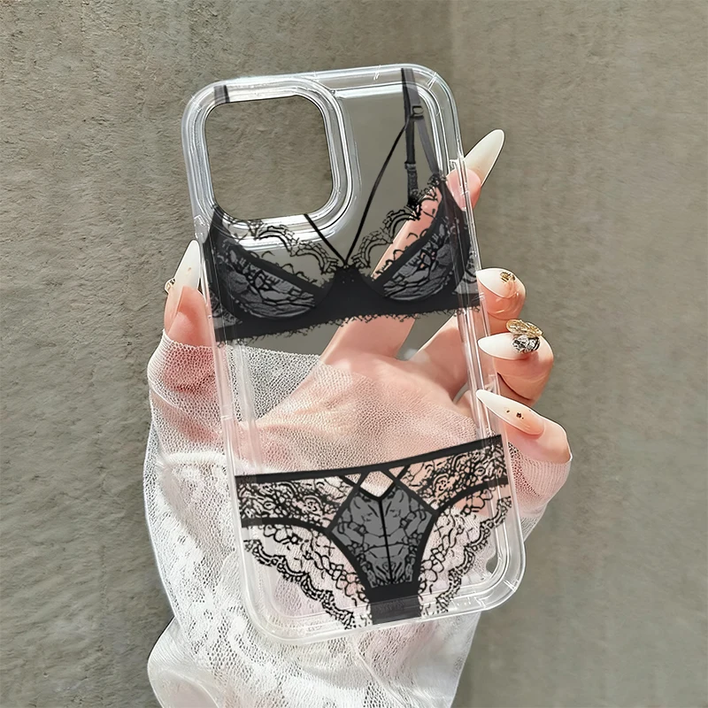 Фото Прозрачный чехол для iPhone 17 16 15 14 13 12 11 Pro Max с дизайном в виде кружевного белья, мягкий чехол из ТПУ для женщин и девушек №1