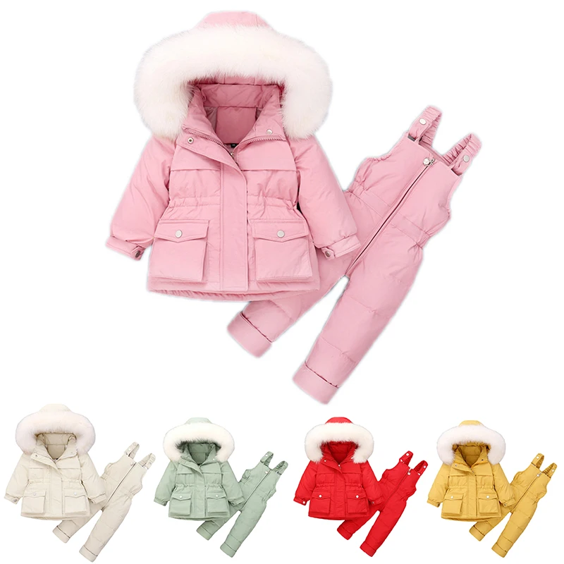 Disney Winter Kids Clothes White Duck Down Jacket For Girls Infant Warm Coat Outerwear Boy Overalls Pant Set Children Snowsuit
